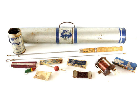 Vintage Jr. Ace Blue Stripe "Carry-Case" Complete Fishing Set, Silver and Blue (c.1950) - thirdshift