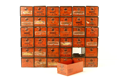 Vintage Dorman Parts Drawer Hardware Bin with 36 Drawers in Rustic Orange (c.1950s) - thirdshift