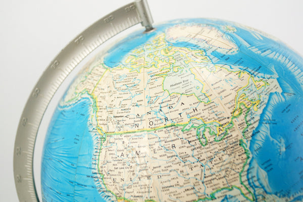 Vintage Rand McNally International World Globe, Bright Blue Oceans