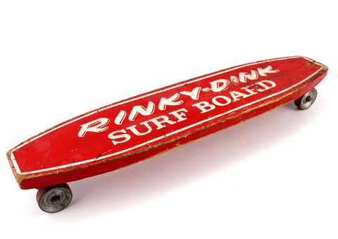 Vintage Rinky Dink Wood Surf Board in Red with Steel Wheels (c.1950s) - thirdshift