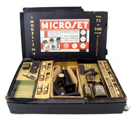 Vintage Microset Microscope Kit Model 3 MW, 75-500x Zoom (c.1920s) - thirdshift