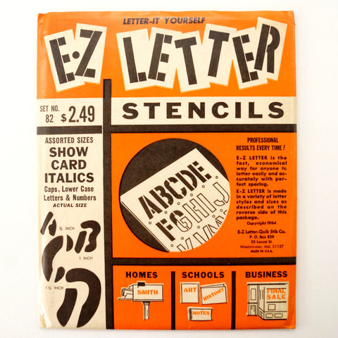 Vintage E-Z Lettering Co. Stencils, Show Card Italics 3/4", 1", 1-1/2", 2" Letters Numbers (c.1964) - thirdshift