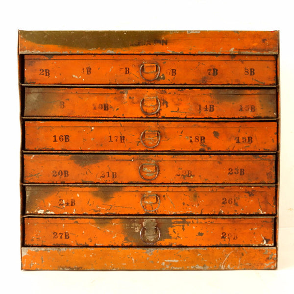 Vintage Industrial Metal Parts Cabinet, 7 Drawers in Bright Orange