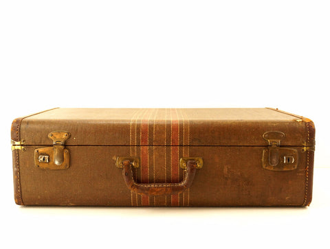 Vintage Striped Tweed Hard Sided Suitcase with Leather Handle (c.1920s) - thirdshift