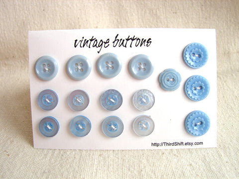 Vintage Buttons in Light Blue (Set of 16) "The Blue Sky Set" (c.1960s) - thirdshift