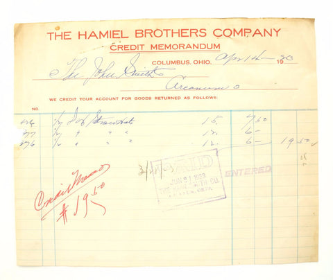 Vintage "The Hamiel Brothers Company" Store Receipt (c.1923) - thirdshift