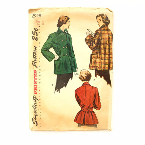Vintage Simplicity Pattern 2949, Misses' Topper Coat, Uncut (c.1940s) Size 14 Bust 32 - thirdshift