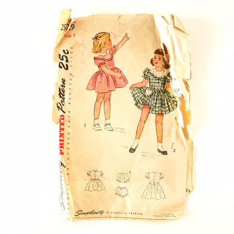 Vintage Simplicity Pattern 2529, Child's One-Piece Dress and Panties, Size 1 (c.1940s) - thirdshift