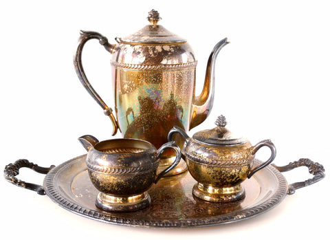 Vintage Silverplate Tea Set with Pot, Tray, Sugar Bowl, Creamer, Unused and Tarnished (c.1950s) - thirdshift