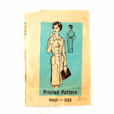 Vintage Women's Button Up Dress, Marian Martin Pattern 9001, Size 20-1/2 (c.1950s) - thirdshift
