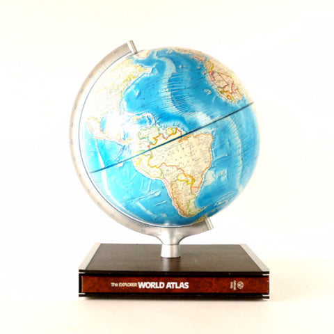 Vintage Rand McNally International World Globe with Hardcover Atlas in Stand (c.1978) - thirdshift