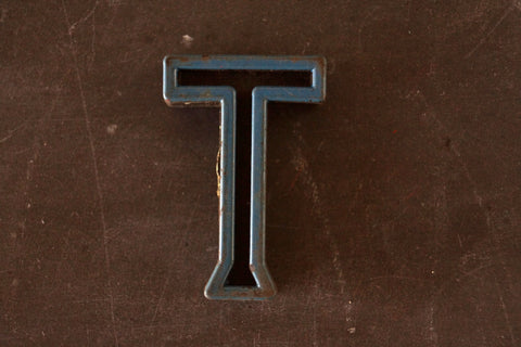 Vintage Industrial Letter "T" Black with Blue and Orange Paint, 2" tall (c.1940s) - thirdshift