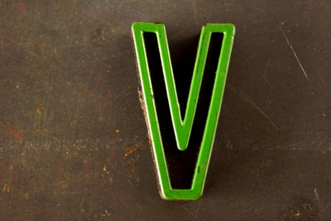 Vintage Industrial Letter "V" Black with Green and Red Paint, 2" tall (c.1940s) - thirdshift