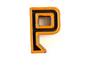 Vintage Industrial Letter "P" Black with Light Orange and Blue Paint, 2" tall (c.1940s) - thirdshift