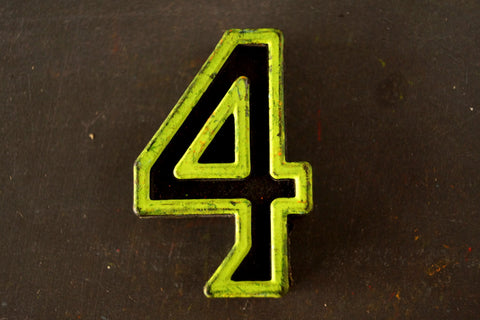 Vintage Industrial Number "4" Black with Light Green Light Blue Paint, 2" tall (c.1940s) - thirdshift