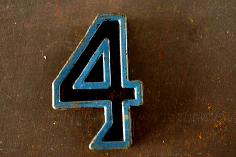 Vintage Industrial Number "4" Black with Blue and Orange Paint, 2" tall (c.1940s) - thirdshift
