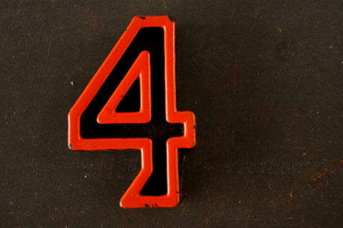 Vintage Industrial Number "4" Black with Orange and Blue Paint, 2" tall (c.1940s) - thirdshift