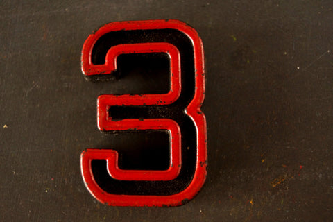 Vintage Industrial Number "3" Black with Red and Green Paint, 2" tall (c.1940s) - thirdshift