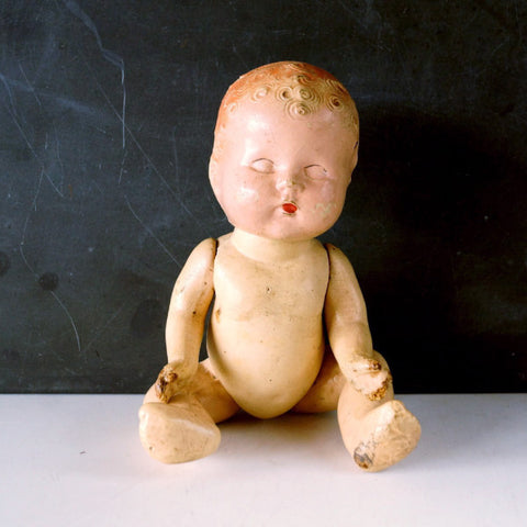 Vintage Composition Baby Doll with Molded Hair, Jointed Arms, Legs, 9" (c.1920s) N5 - thirdshift