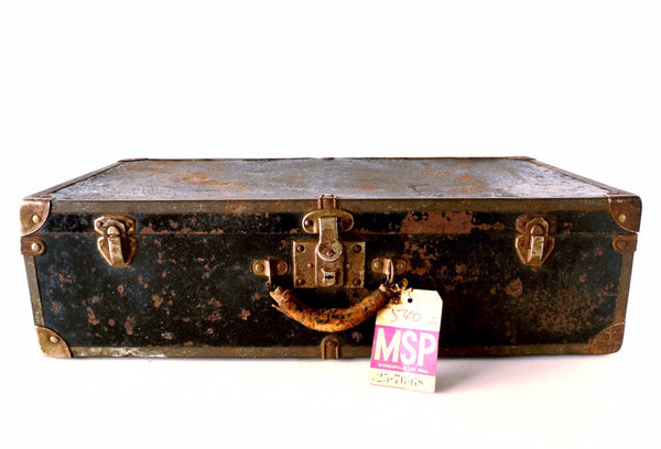 Vintage Black Metal Suitcase / Luggage, Metal Trim and Leather