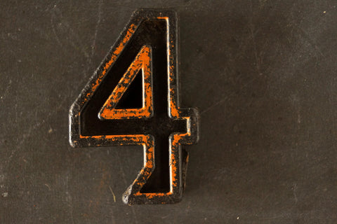 Vintage Industrial Number "4" Black with Chippy Orange and Blue Paint, 2" tall (c.1940s) - thirdshift