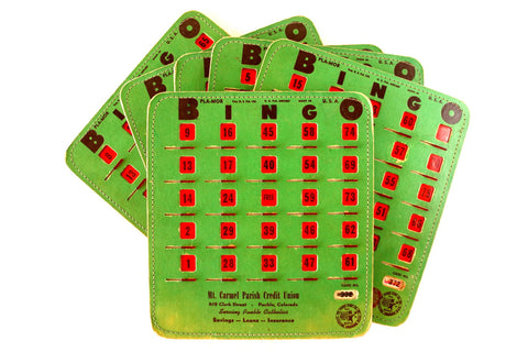 Vintage BINGO Board Cards in Green with See-Thru Red Shutters, PLA-MOR, Set of 6 (1950s) N1 - thirdshift