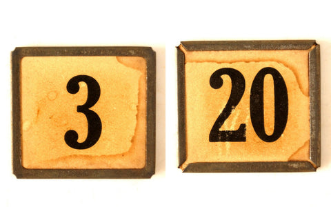 Vintage Metal Number Square Tile "3 / 20", Double-Sided (c.1920s) Sepia - thirdshift