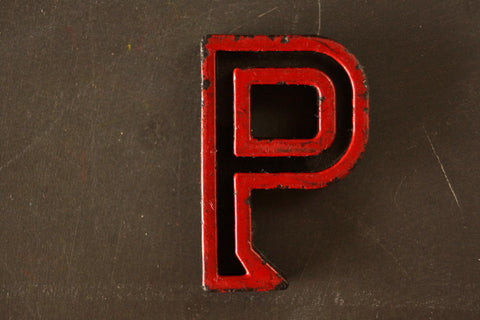 Vintage Industrial Letter "P" Black with Red and Green Paint, 2" tall (c.1940s) - thirdshift