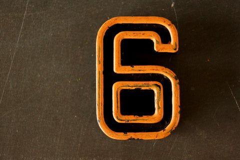 Vintage Industrial Number "6 / 9" Black & Light Orange Blue Paint, 2" tall (c.1940s) - thirdshift