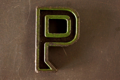 Vintage Industrial Letter "P" Black with Green and Orange Paint, 2" tall (c.1940s) - thirdshift