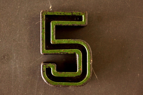 Vintage Industrial Number "5" Black with Green and Orange Paint, 2" tall (c.1940s) - thirdshift