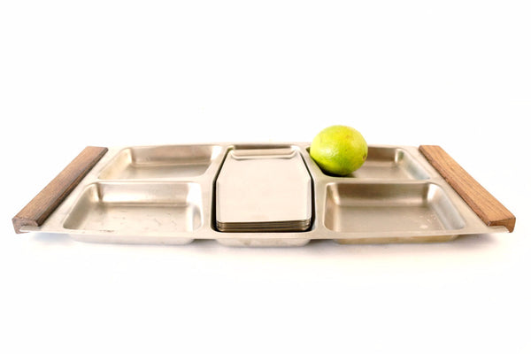 Vintage Stainless Steel and Wood Serving Snack Tray Set with 6