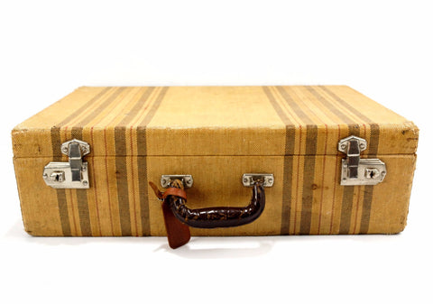 Vintage Striped Tweed Hard Sided / Hardboard Suitcase with Handle and Keys (c.1920s) - thirdshift