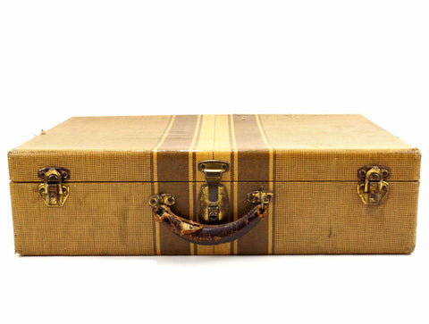 Vintage Striped Tweed Hardboard Suitcase with Handle and Keys (c.1920s) - thirdshift