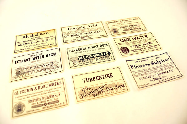 Antique Medicine Apothecary Pharmacy Labels in Blue and White, Set