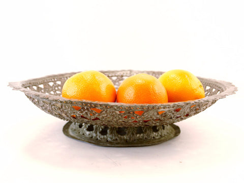 Vintage Ornate Hammered Copper Pedestal Bowl, 15" diameter (c.1970s) - thirdshift