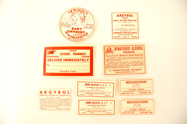 Antique Medicine Apothecary Pharmacy Labels in Red and White, Set