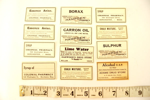 Antique Medicine Apothecary Pharmacy Labels, Black & White, Set of Antique Medicine Apothecary Pharmacy Labels, Black & White, Set of