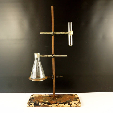 Vintage Industrial Cast Iron Lab Stand with Clamps, Flask, Test Tube (c.1950s) - thirdshift