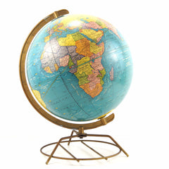 Vintage Scholastic World Globe with Art Deco Wire Stand, 12" diameter (c.1960) - thirdshift