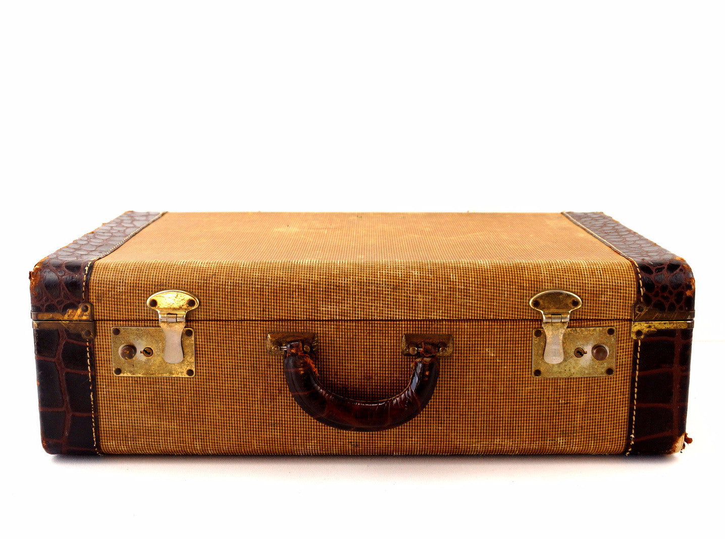 Vintage Tweed Hard Sided Suitcase with Leather Edges and Handle c