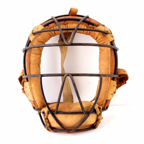 Vintage Baseball Catchers Face Mask with Black Metal Grid, Leather Straps (c.1930s) - thirdshift