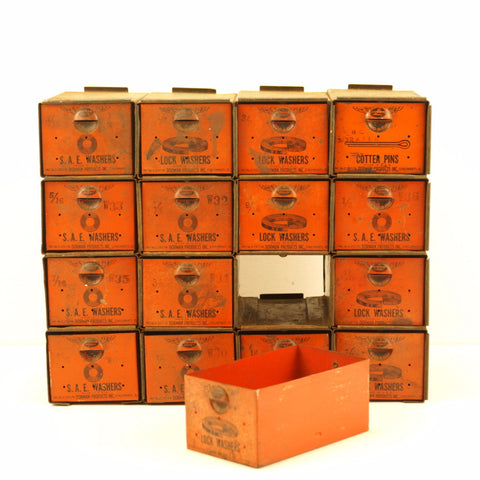 Vintage Dorman Parts Drawer Hardware Bin with 16 Drawers, Rustic Orange N2 (c.1950s) - thirdshift