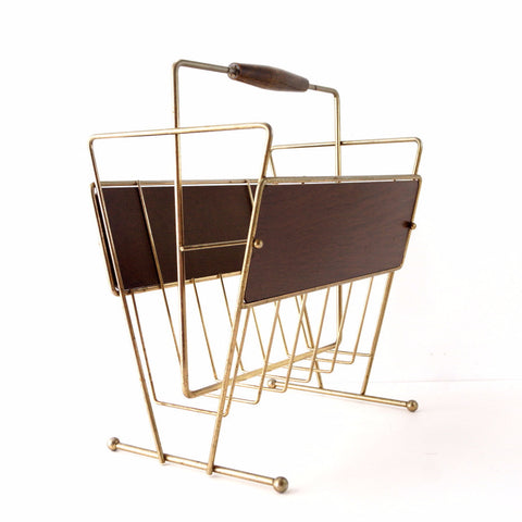 Vintage Magazine Rack in Wood and Brass, Mid Century Modern (c.1950s) - thirdshift