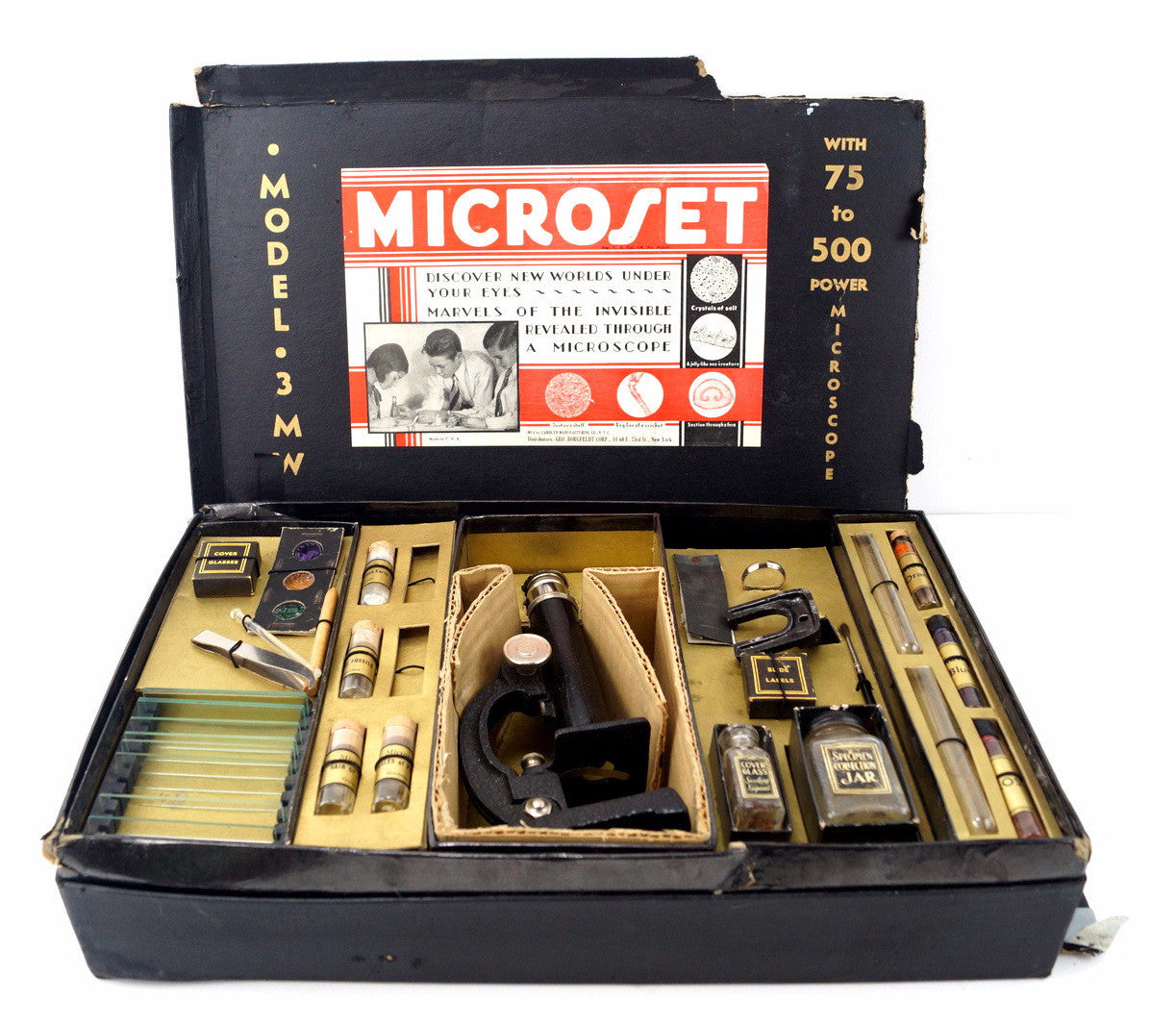 Vintage Microset Microscope Kit Model 3 MW, 75-500x Zoom (c.1920s) - thirdshift