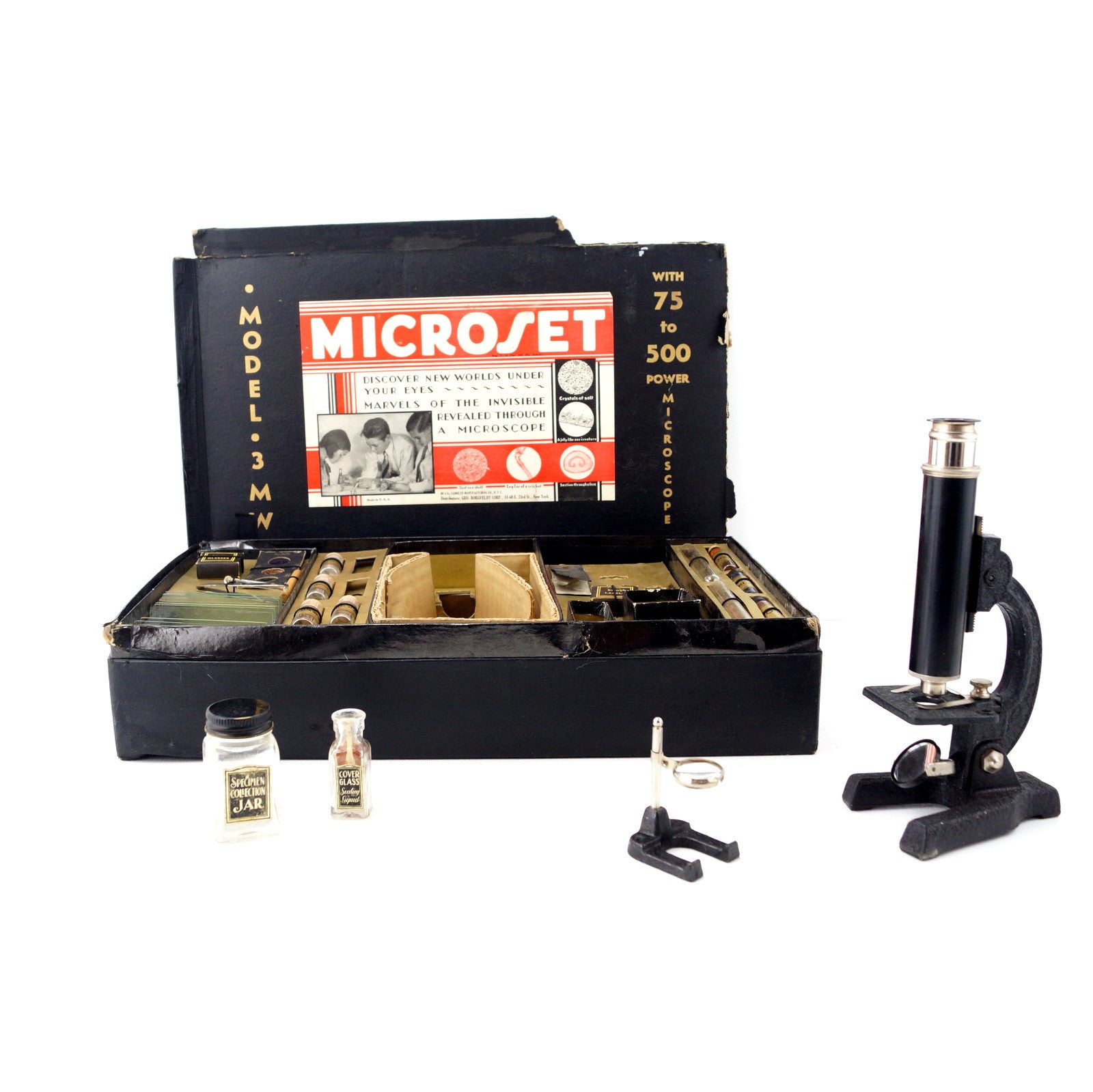 Vintage Microset Microscope Kit Model 3 MW, 75-500x Zoom (c.1920s) - thirdshift