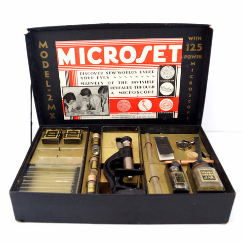 Vintage Microset Microscope Kit Model 2 MX, 125x Zoom (c.1920s) - thirdshift