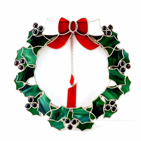 Vintage Stained Glass Holly Wreath with Candle (c.1980s) - thirdshift