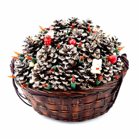Vintage Holiday Basket Centerpiece with Pinecones, Lights, Ornaments (c.1980s) - thirdshift