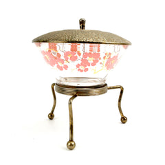 Vintage Glass Serving Bowl with Metal Tripod Stand and Lid (c.1950s) - thirdshift